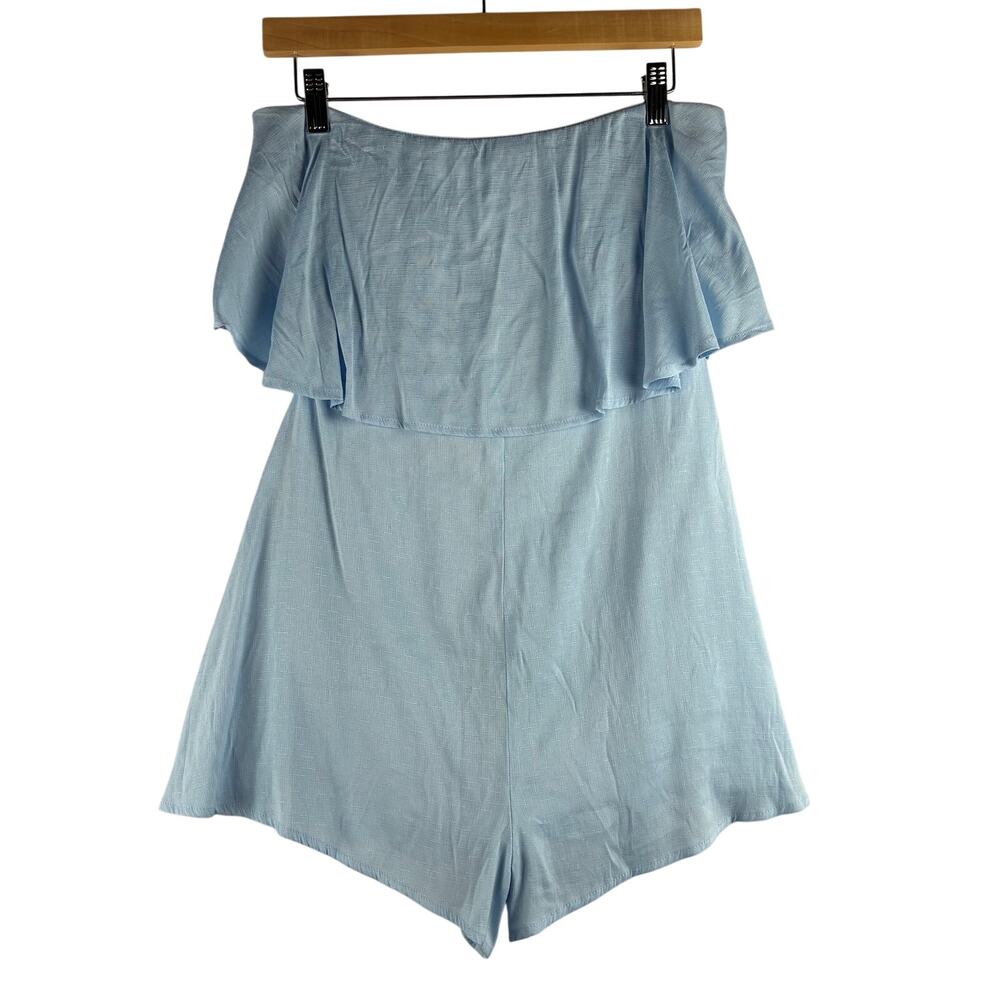 Le Lis Blue Strapless Romper Women’s Medium Boho Beach Ruffle Off Shoulder Coast